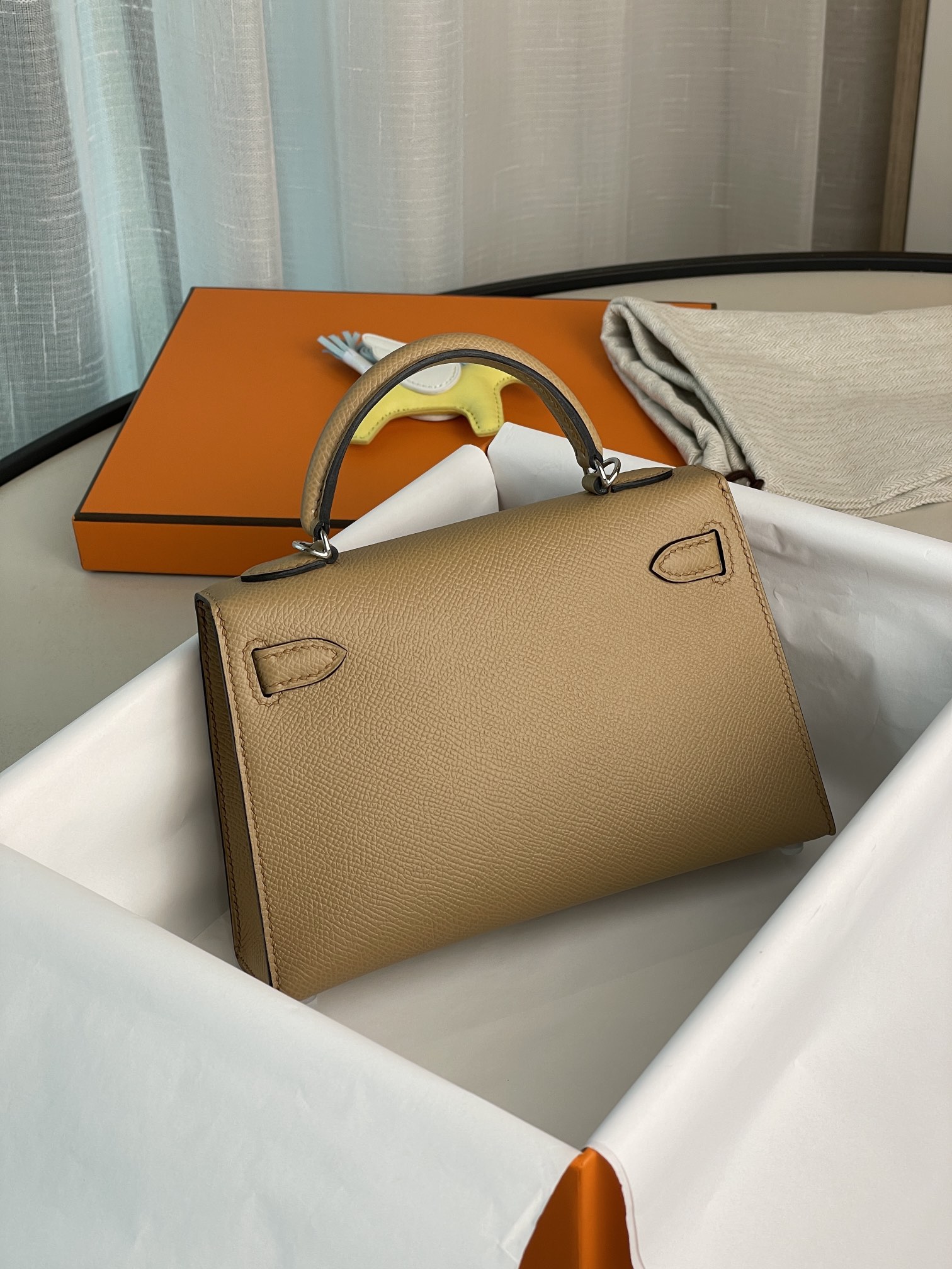 mini Kelly second generation milk tea color epsom silver buckle