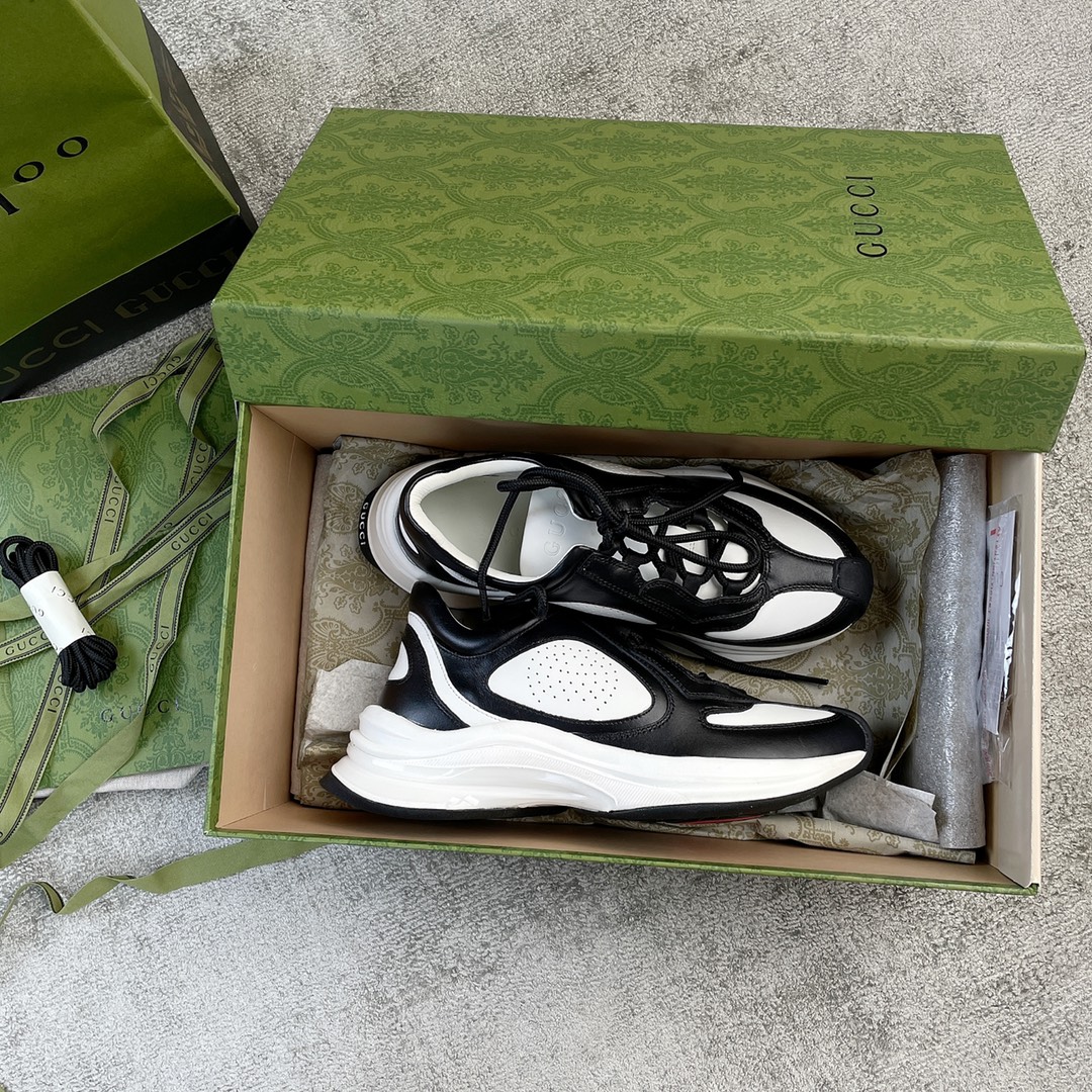 Gucci RUN all-leather cowhide sheepskin running shoes black and white