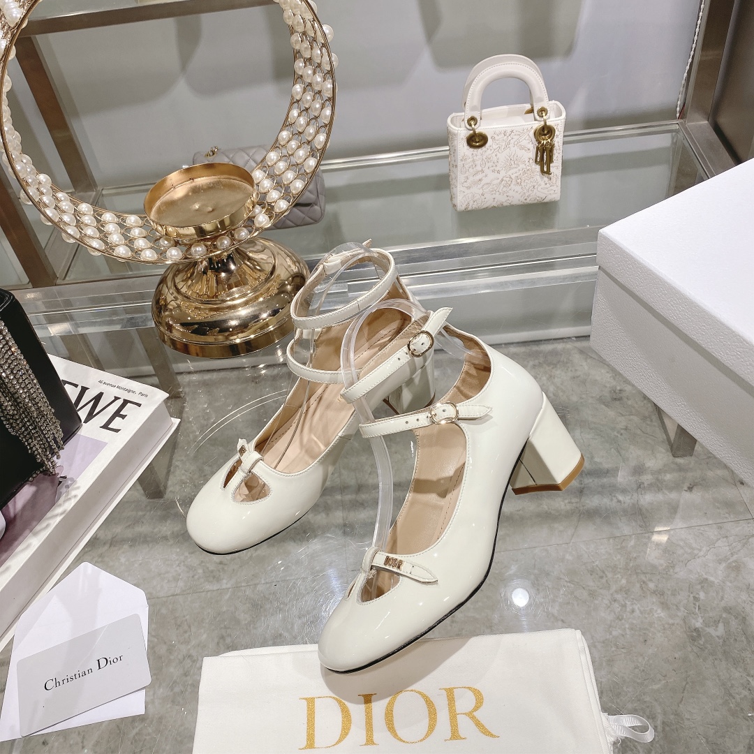 DIOR Retro Fashion Cutout Double Buckle Chunky Heel Mary Janes 6.5cm Beige