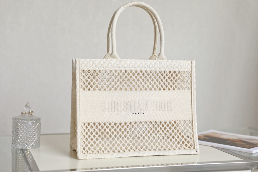 DIOR TOTE beige and white mesh fabric embroidery