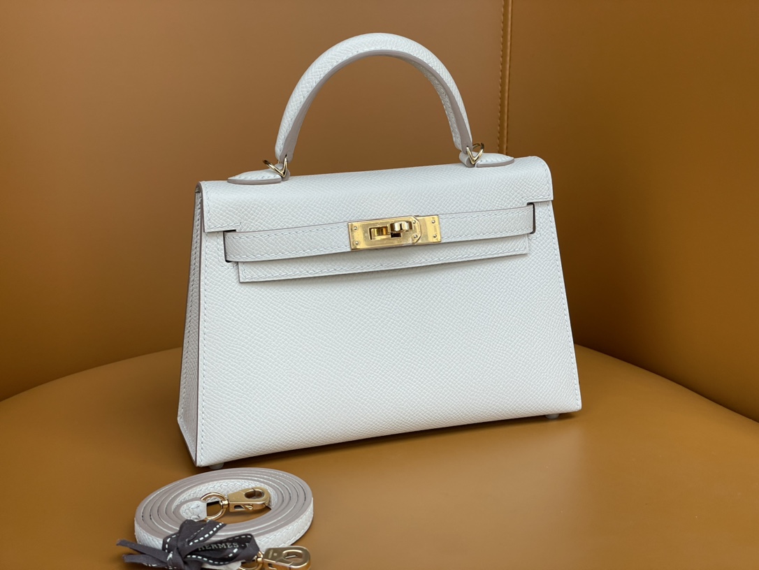 Mini Kelly second generation milkshake white gold buckle epsom leather