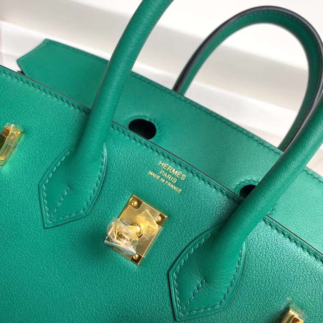 Birkin 25cm u4 velvet green gold buckle silver buckle Original swift calfskin top craftsmanship beeswax thread handmade