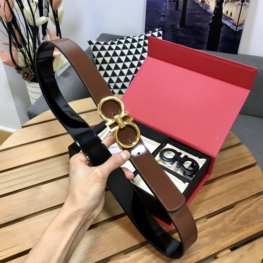 FERRAGAMO high-gloss series, double-button gift box, dual-purpose belt, high-quality pure copper buckle