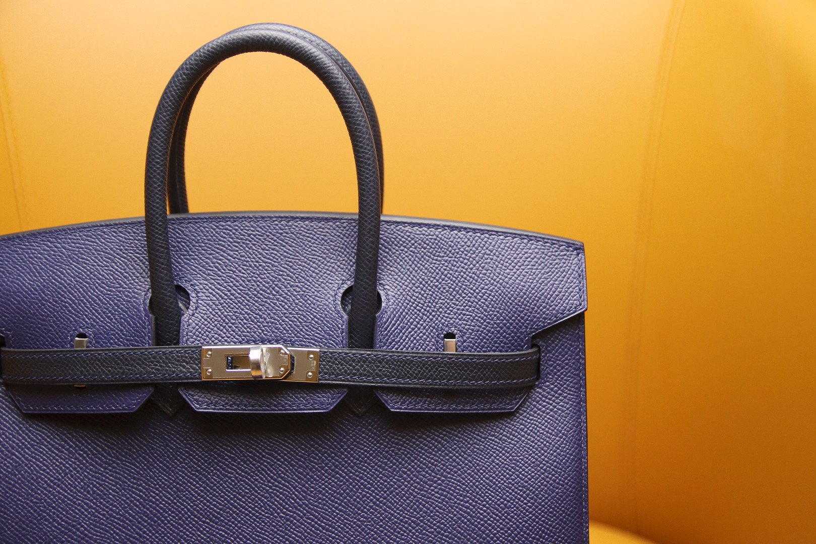 Birkin25 outer seam gemstone blue with midnight blue EPSOM silver buckle