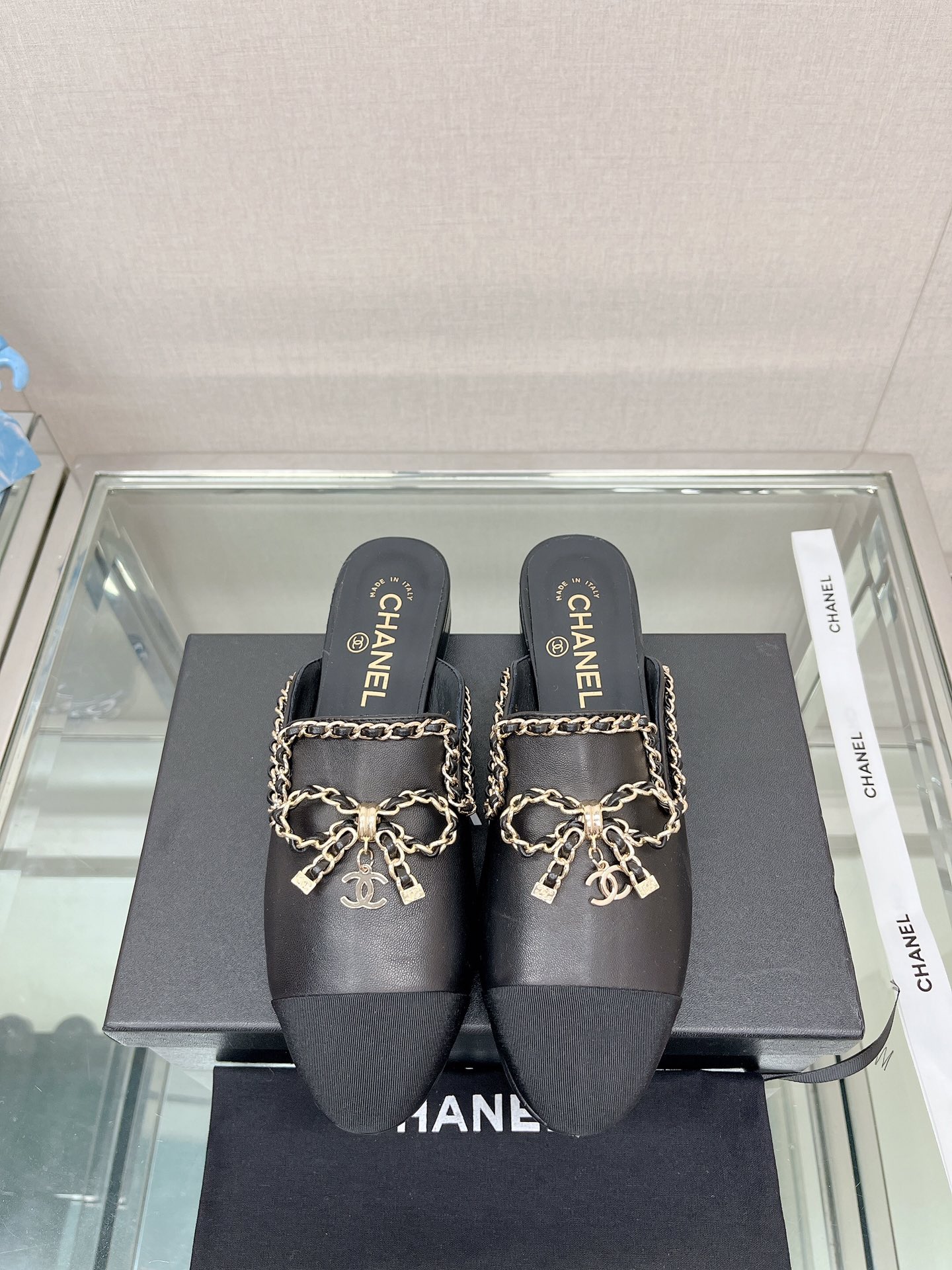 CHANEL 23Ss new chain bow half dragging mule shoes imported lambskin