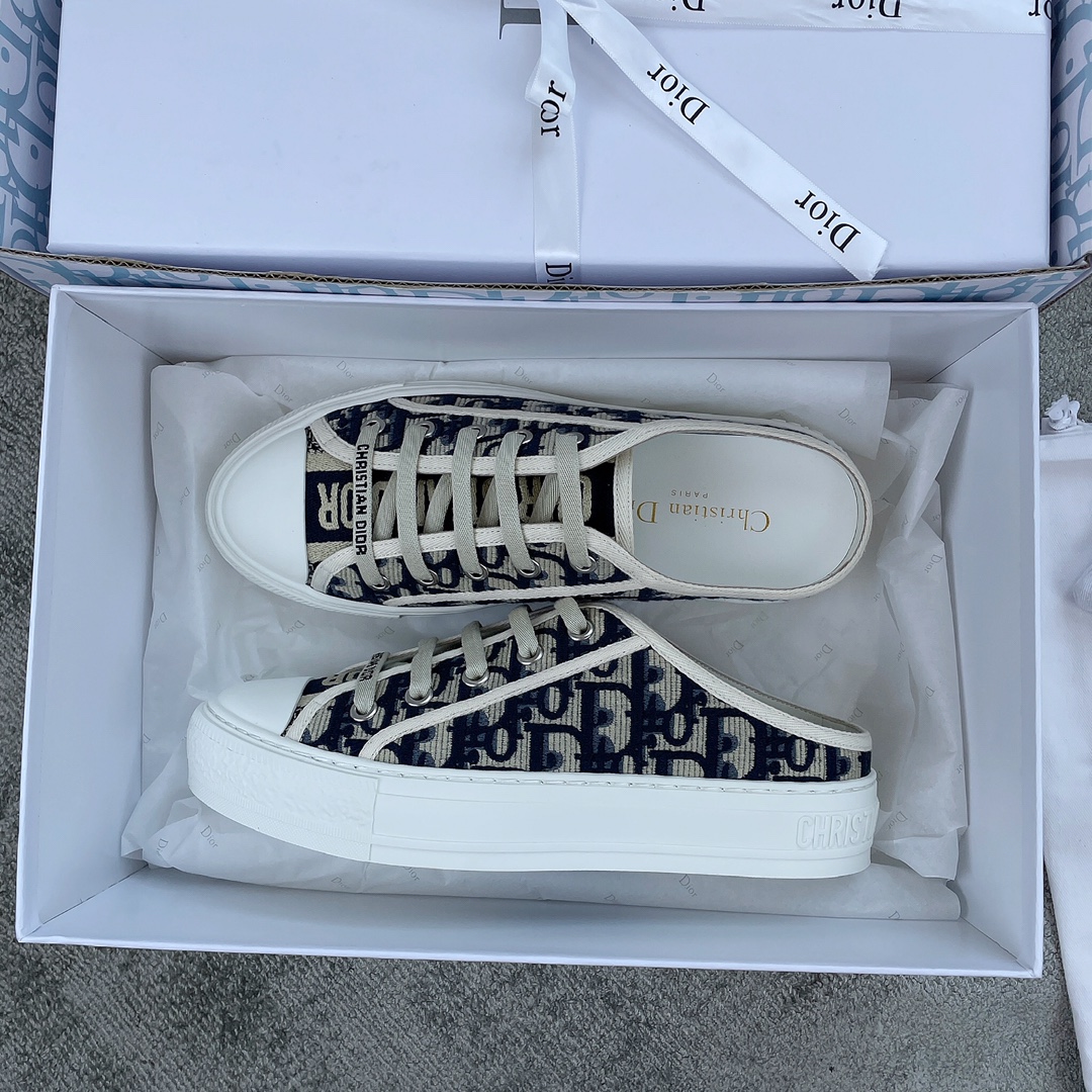DIOR Canvas semi-flip-flop Water-dyed sheepskin lining TPU outsole D blue embroidery