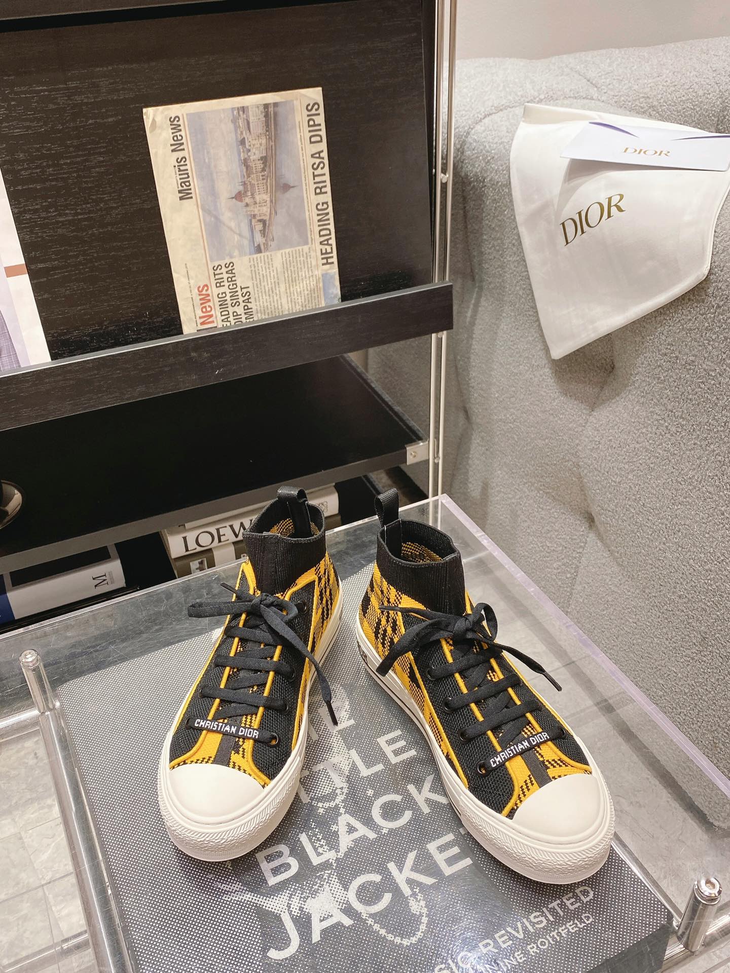 DIOR Rattan Check Casual High Top Board Shoes Fashion Board Shoes Yellow Black