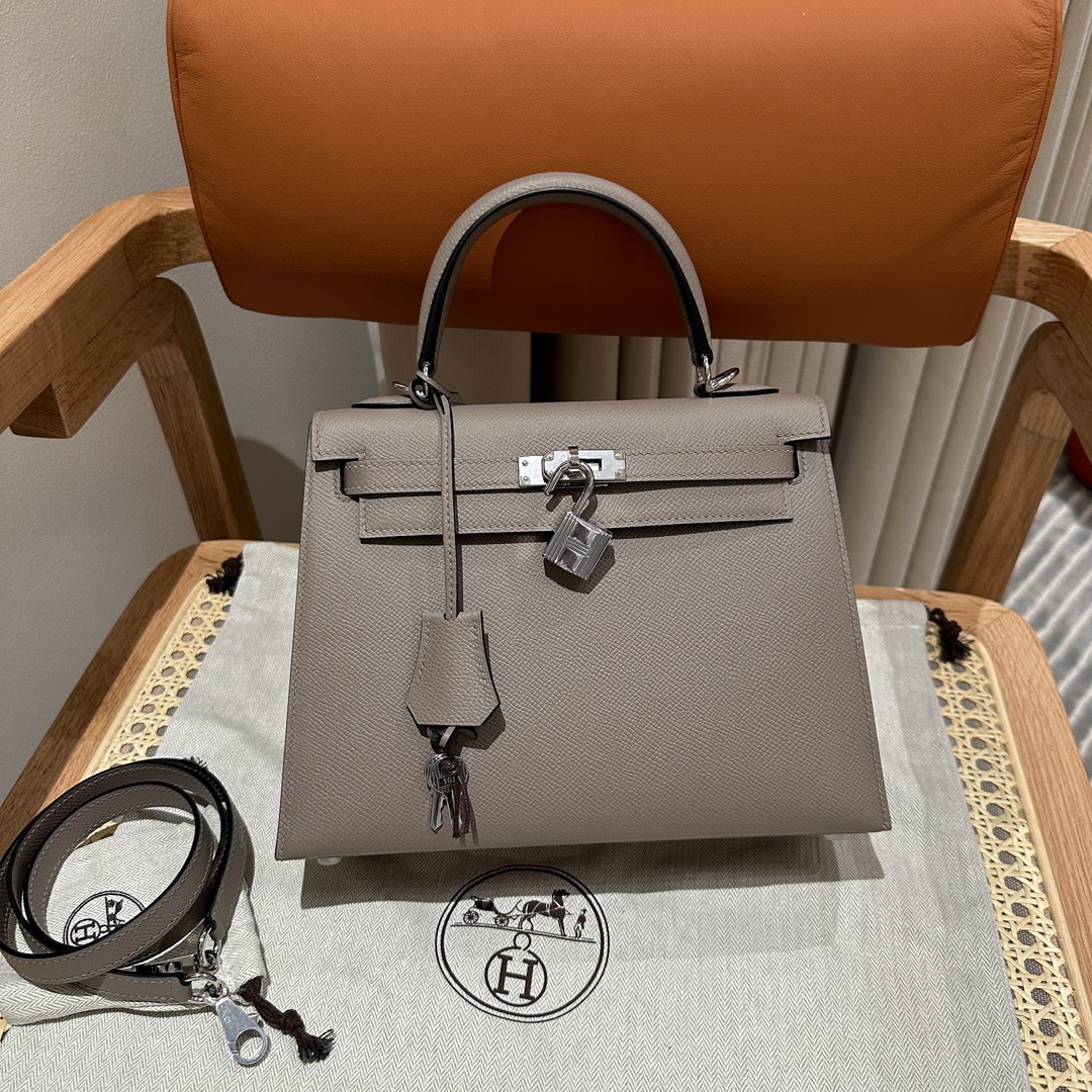 Kelly25cm, asphalt gray, palm grain leather, silver buckle