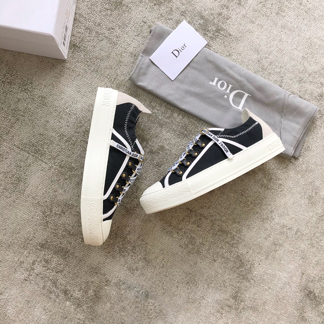 DIOR Black Canvas Shoes Stamped Heel Two Wear Letter Lace Up Sheepskin Padded Toe