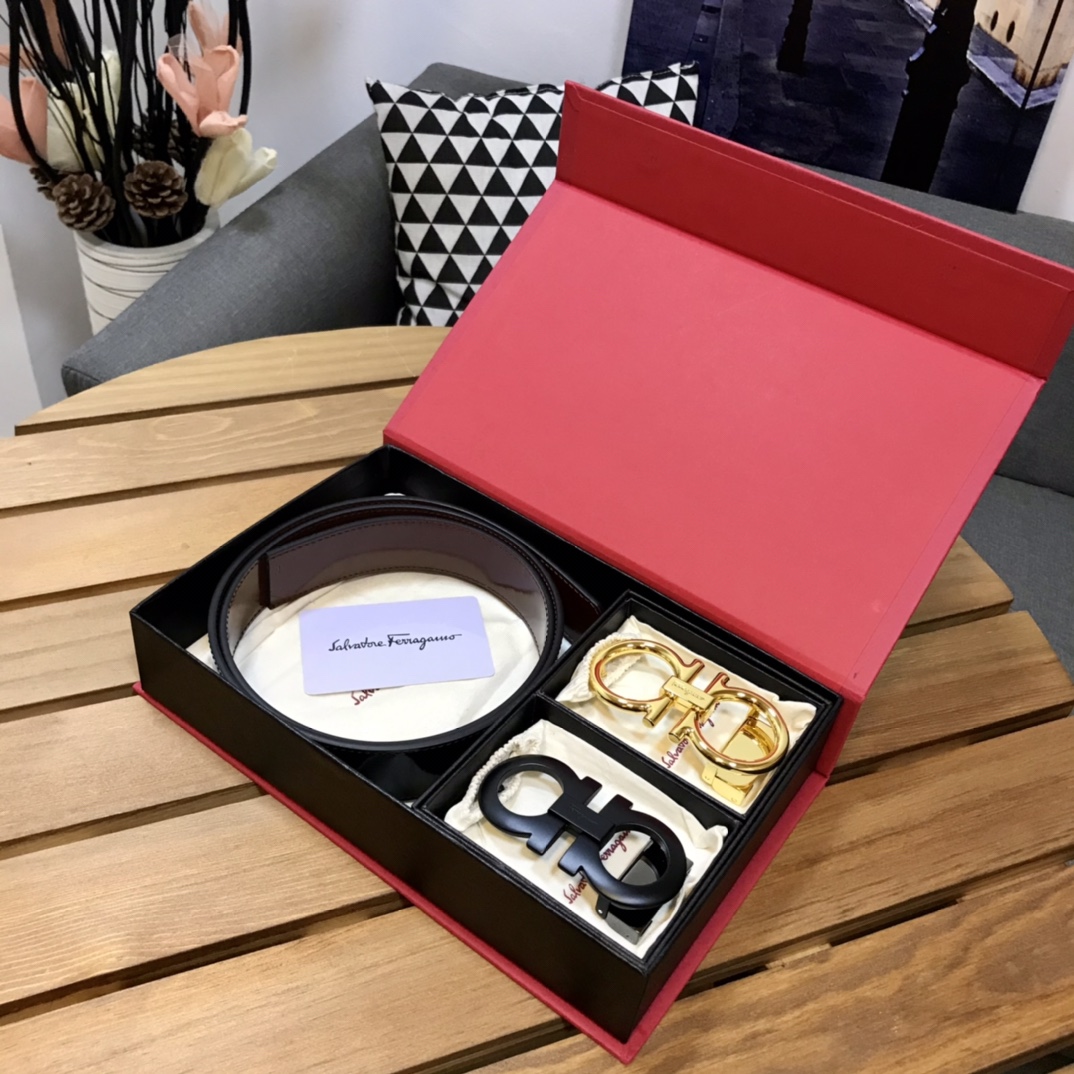 FERRAGAMO high-gloss series, double-button gift box, dual-purpose belt, high-quality pure copper buckle