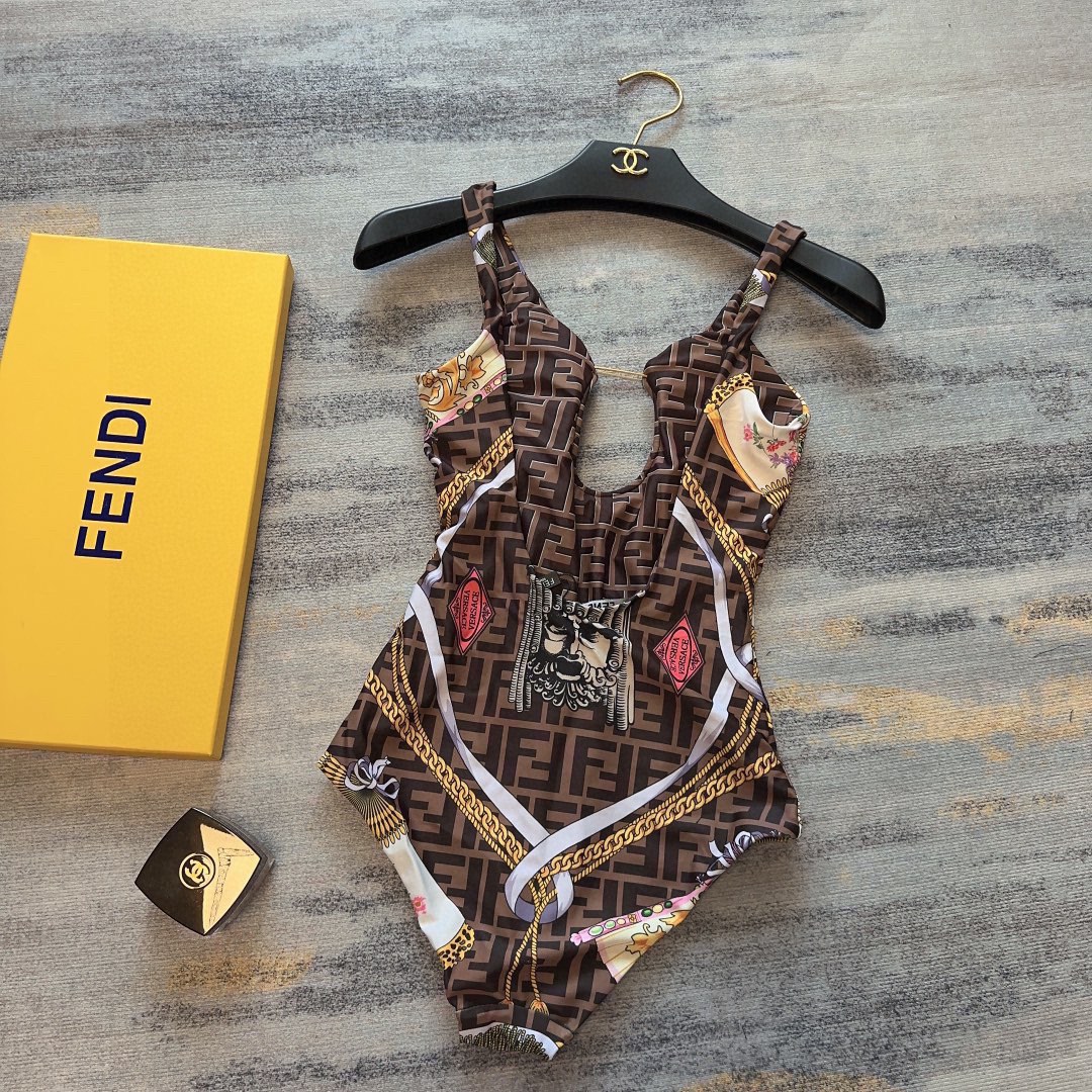 Fendi Versace co-branded f monogram chain print halter reversible one piece swimming costume