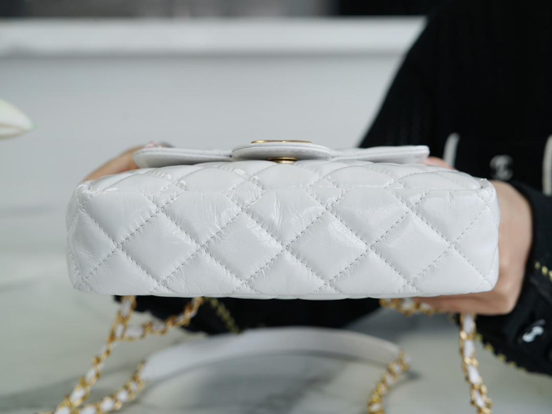 𝗖𝗛𝗔𝗡𝗘𝗟✦23𝑪 Early Spring Resort Collection Bright crinkled calfskin and gold metal Wave bag small white