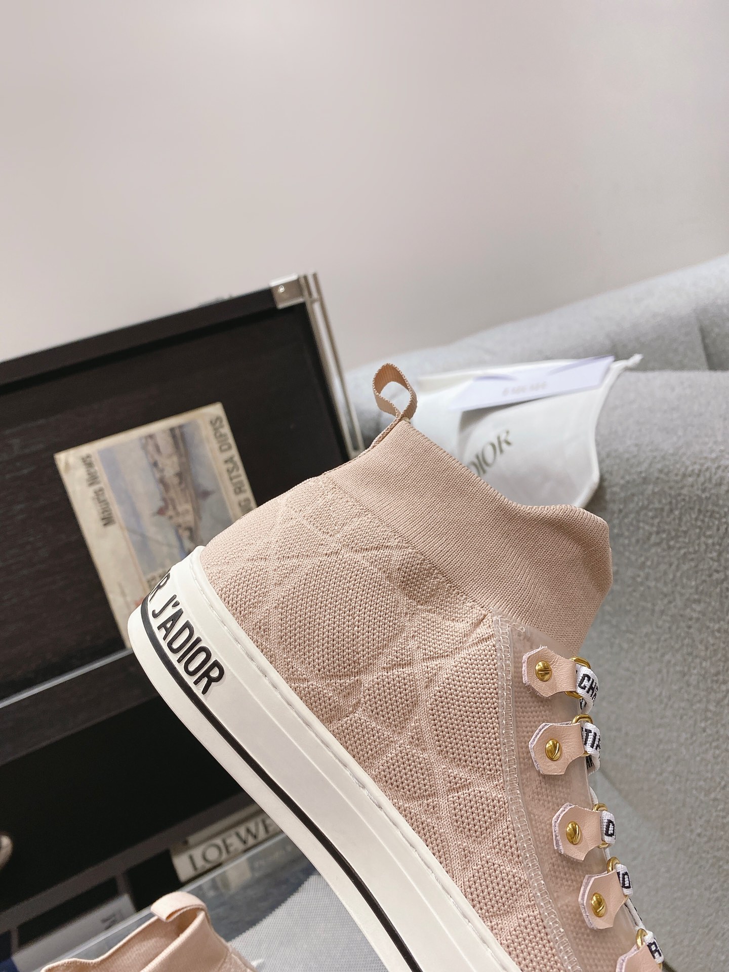 DIOR rattan check casual high top shoes fashion board shoes women nude