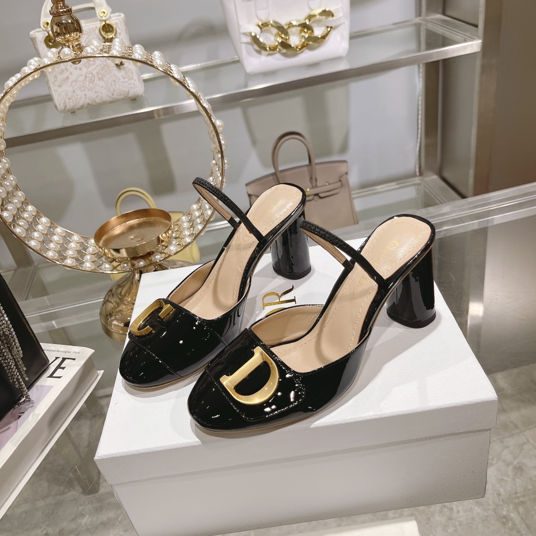 DIOR summer new bag head thick heel sandals high heel model 7.5cm black