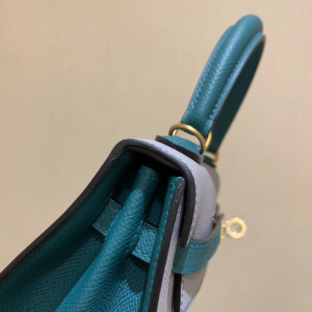 Kelly25cm gold epsom horseshoe print leather seagull gray 4Z with peacock green Z6