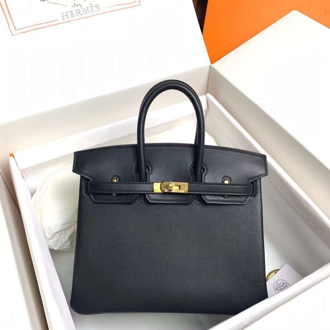 Birkin 25cm black gold buckle silver buckle Original swift calfskin top craftsmanship beeswax thread handmade