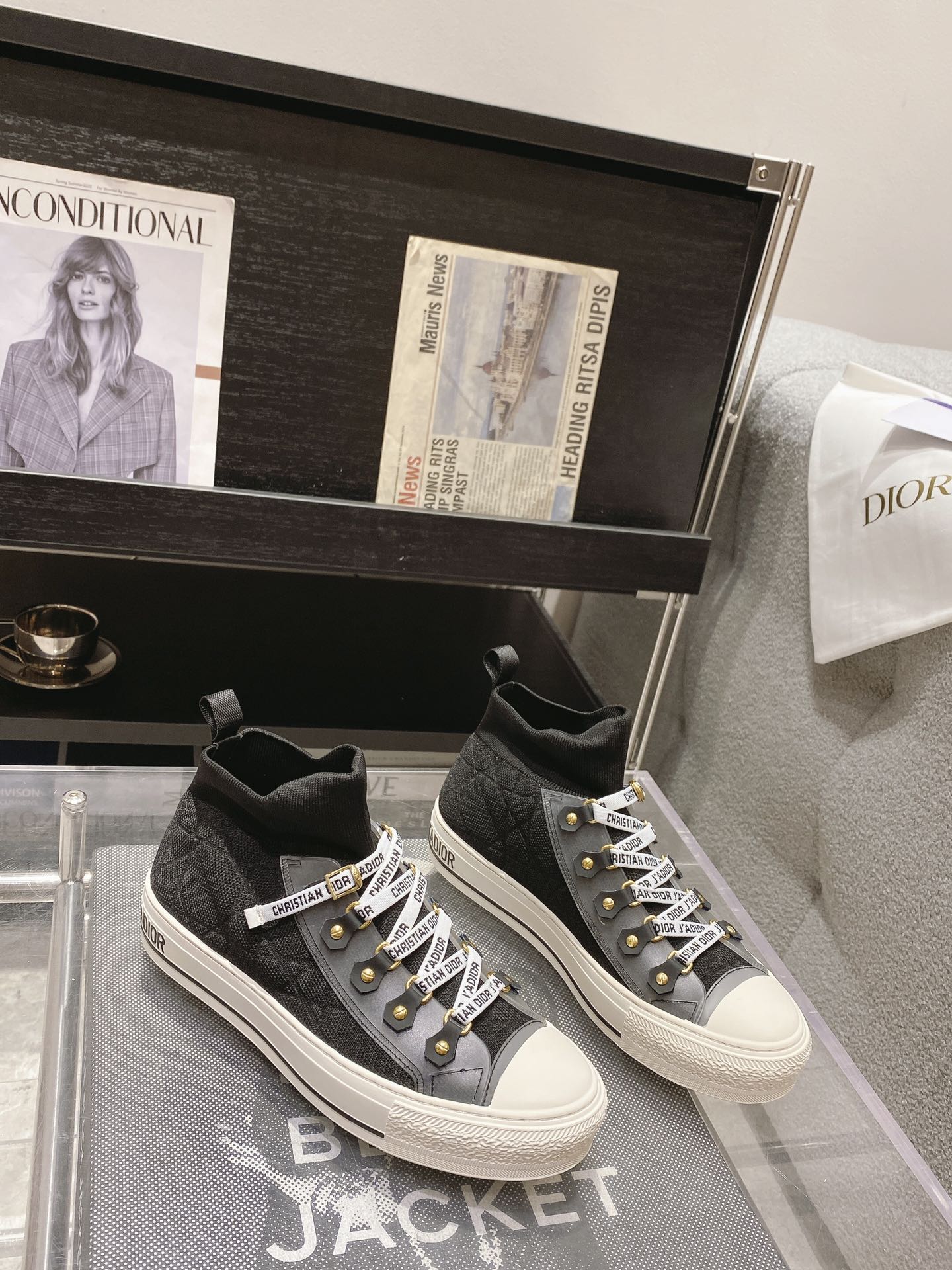 DIOR rattan plaid casual high top shoes fashion board shoes women black