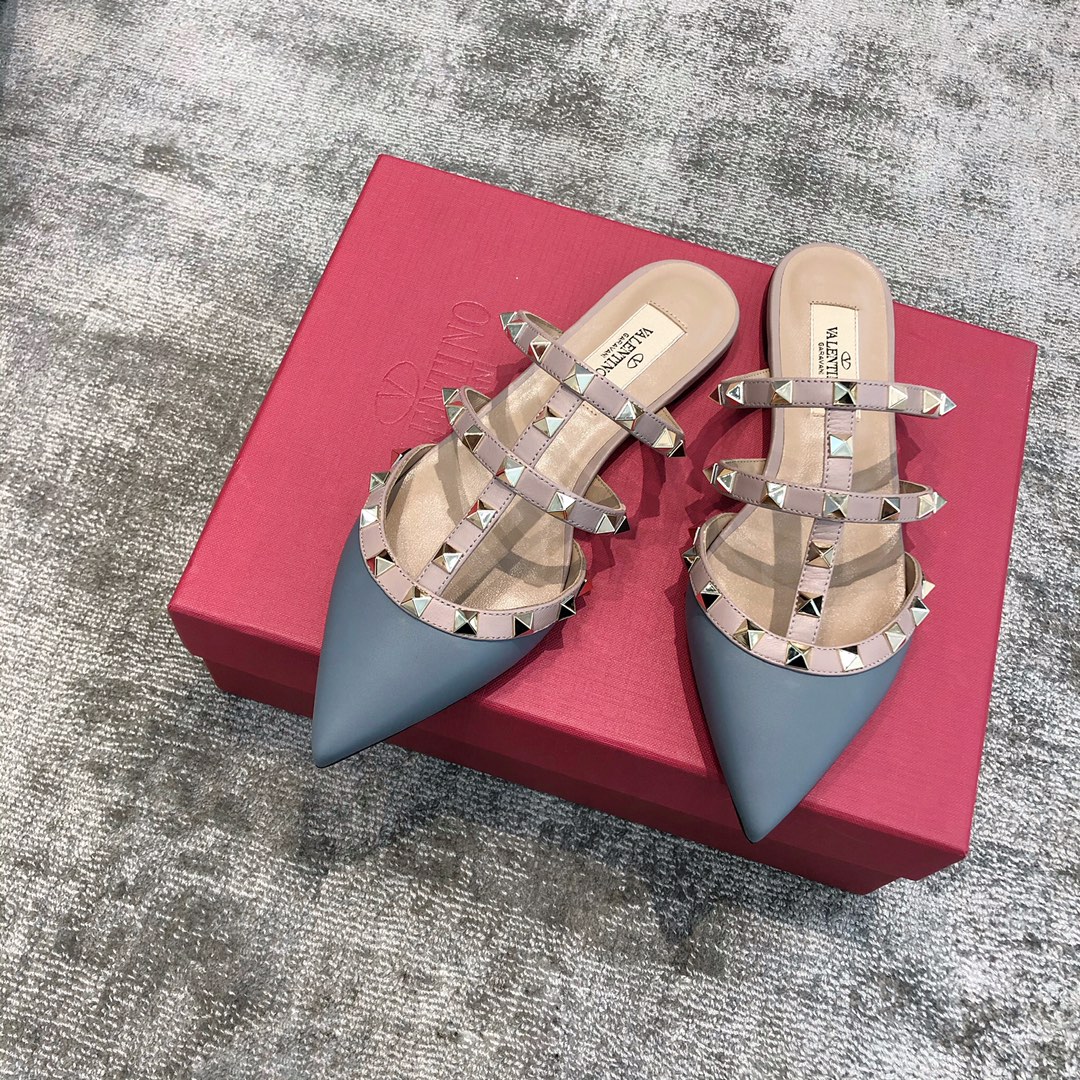 Valentino VT Collection Three Strap Flat Heel Slipper Haze Blue