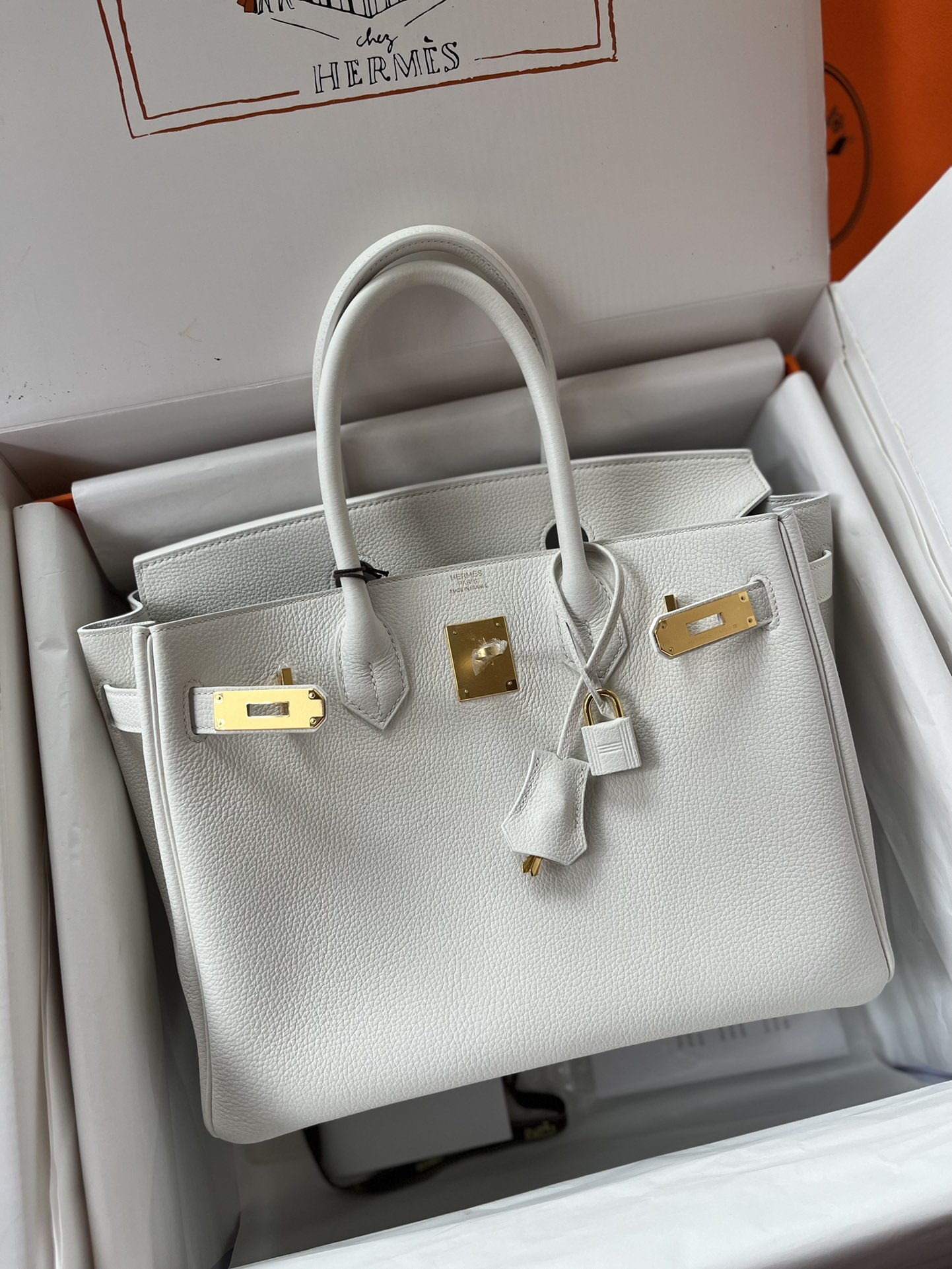 Birkin 30cm original calfskin togo pure white Snow White gold buckle top hand sewn