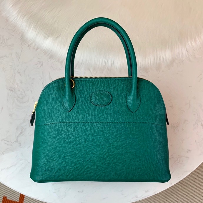 Bolide 27cm Imported original Epsom leather half hand waxed stitching peacock green silver buckle