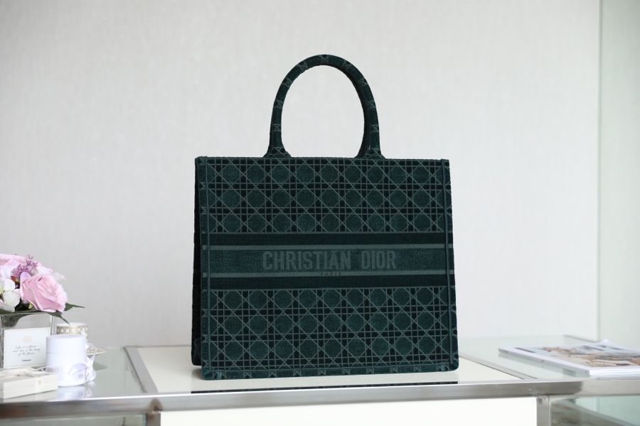 DIOR TOTE embroidered vine check pattern dark green velvet