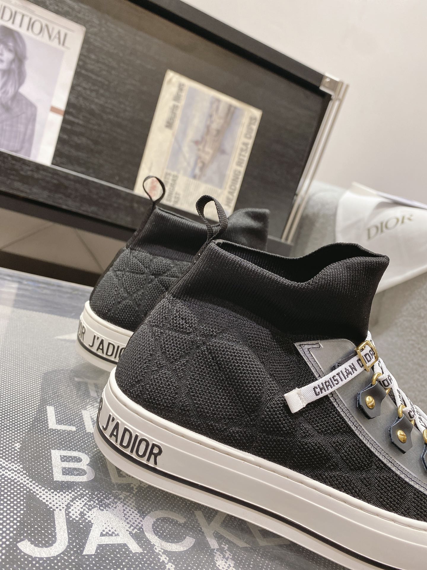 DIOR rattan plaid casual high top shoes fashion board shoes women black