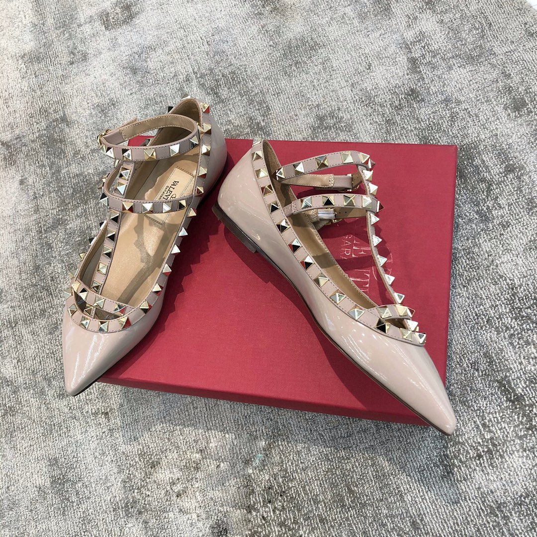 Valentino VT Two Strap Flats Patent Leather Nude Pink