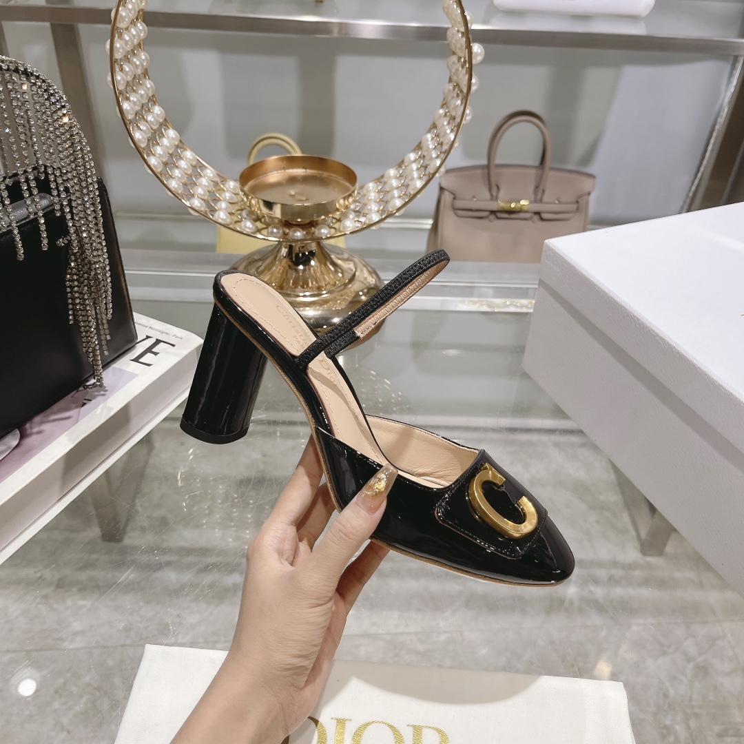 DIOR summer new bag head thick heel sandals high heel model 7.5cm black