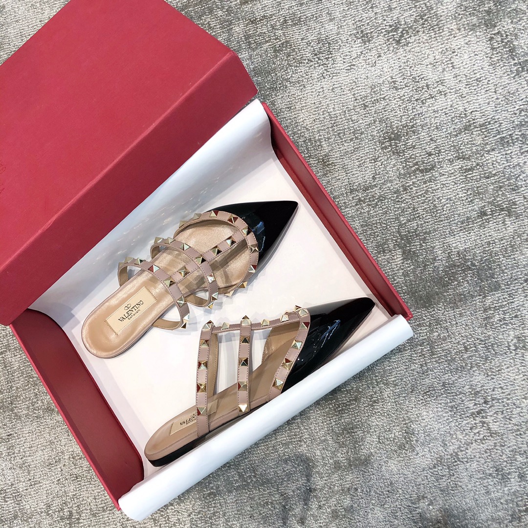 Valentino VT Collection Three Strap Flat Heel Slipper Patent Leather Black