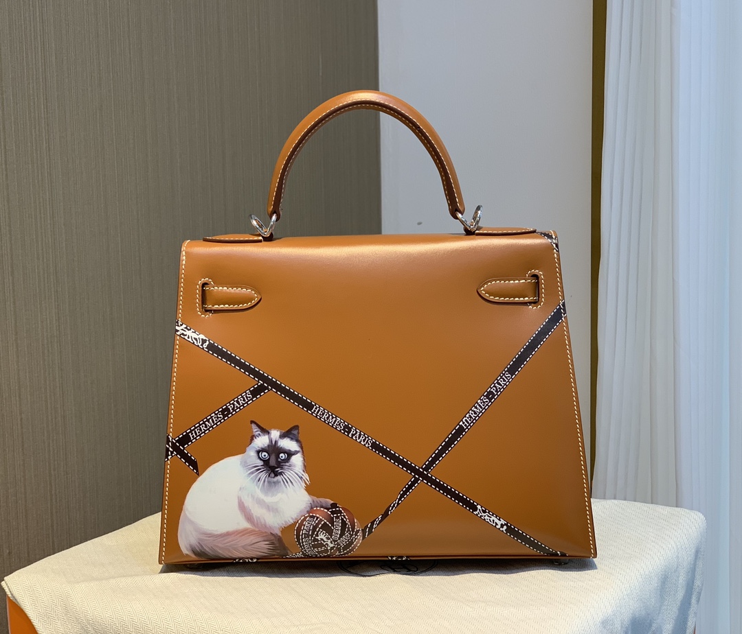Kelly28 Imported box leather golden brown limited edition painted