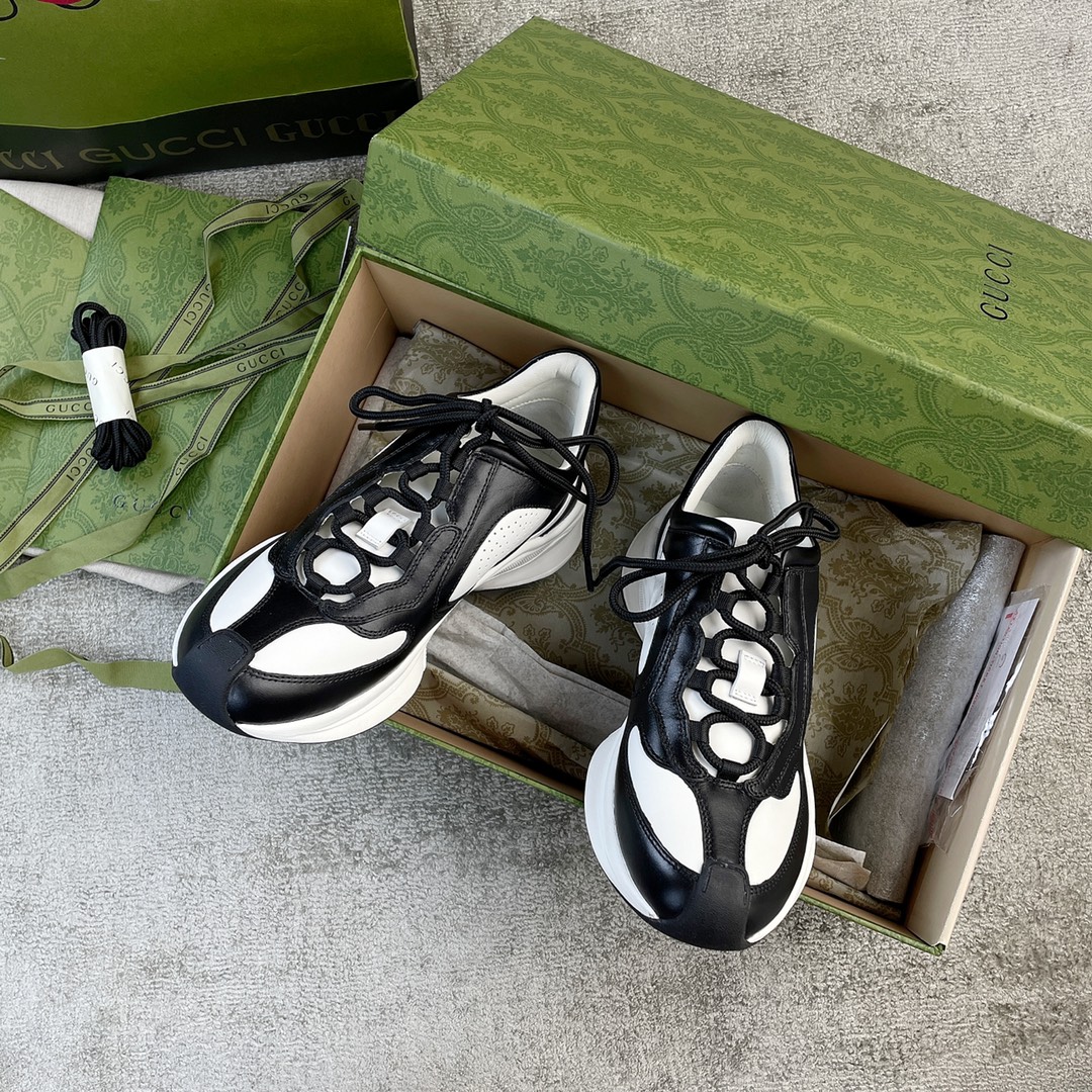 Gucci RUN all-leather cowhide sheepskin running shoes black and white