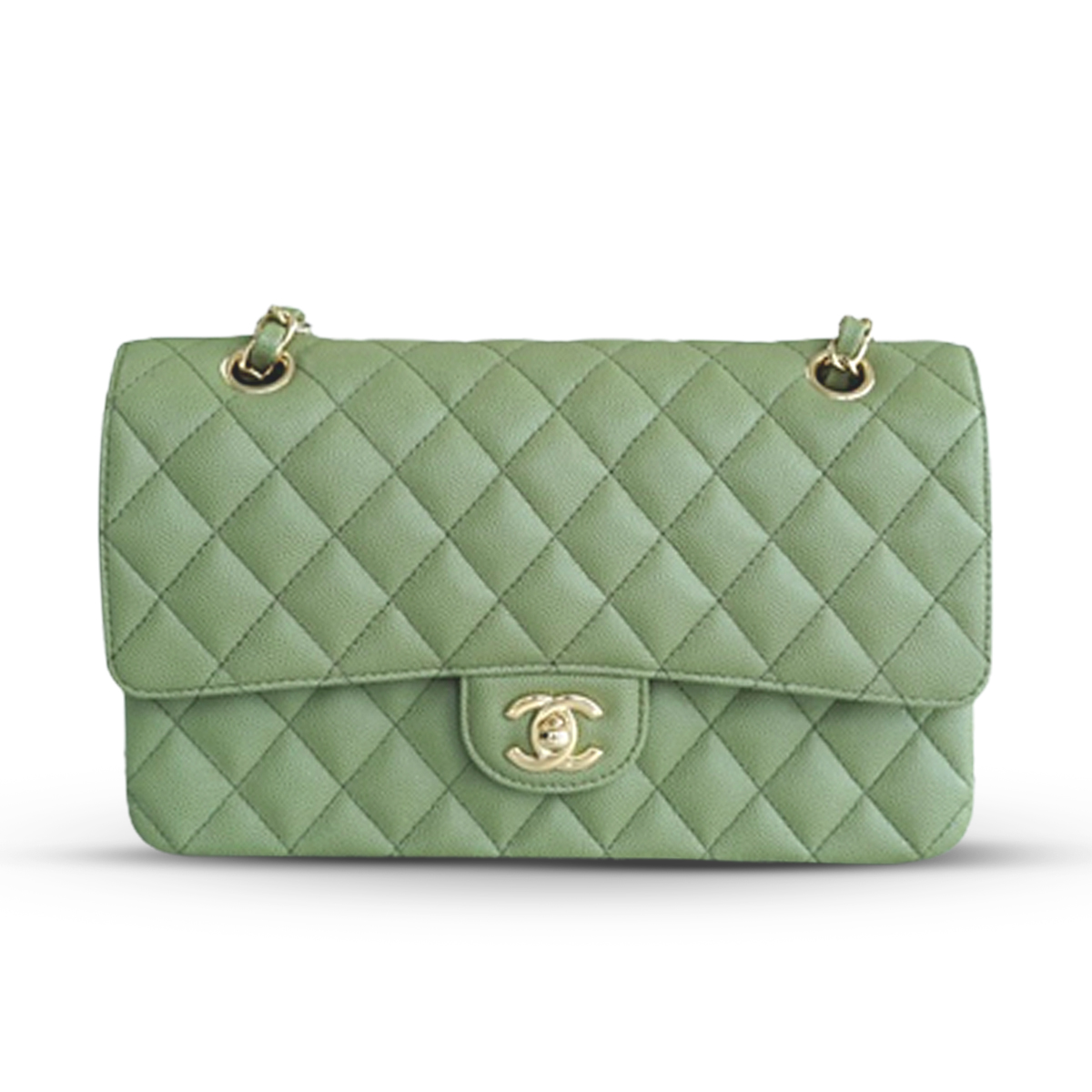 𝐂𝐇𝐀𝐍𝐄𝐋 Classic Flap France 🇫🇷 𝐇𝐇 𝐚𝐚𝐬 Original Caviar 🐂 Washed Tire Ox Medium 🐘Grass green