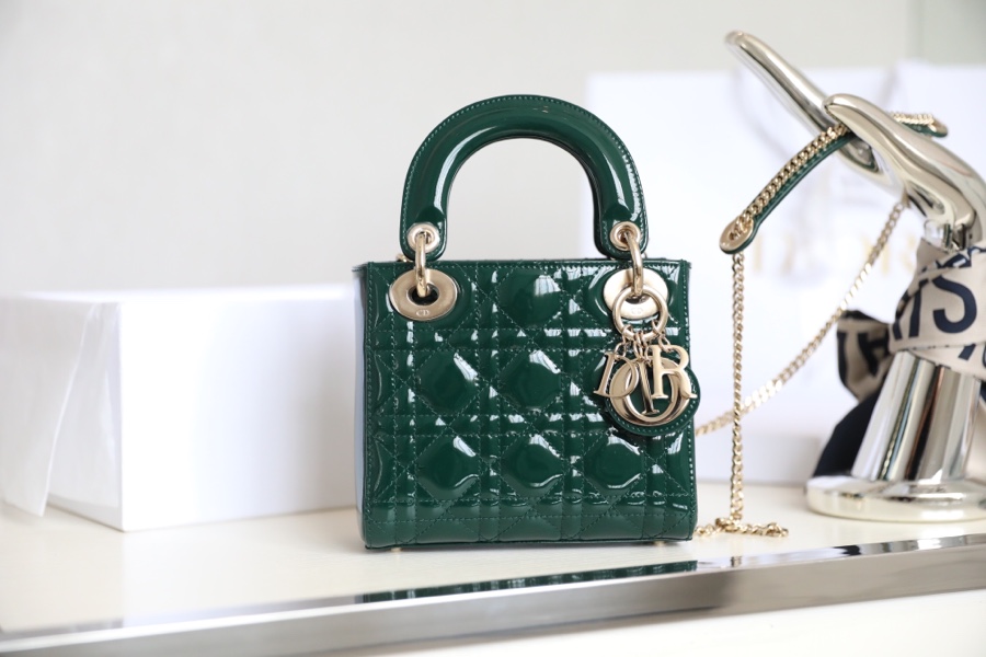 Emerald  Lady Dior vine check patent leather cow leather mini handbag