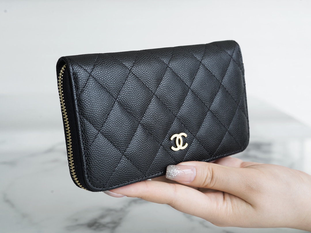 𝗖𝗛𝗔𝗘𝗡𝗟✦ 𝗖𝗹𝗮𝘀𝗶𝗰 𝗙𝗹𝗮𝗽 Import Channel Special Custom Calfskin🐂 Classic Zipper Mid-Length Clip Black Gold👑