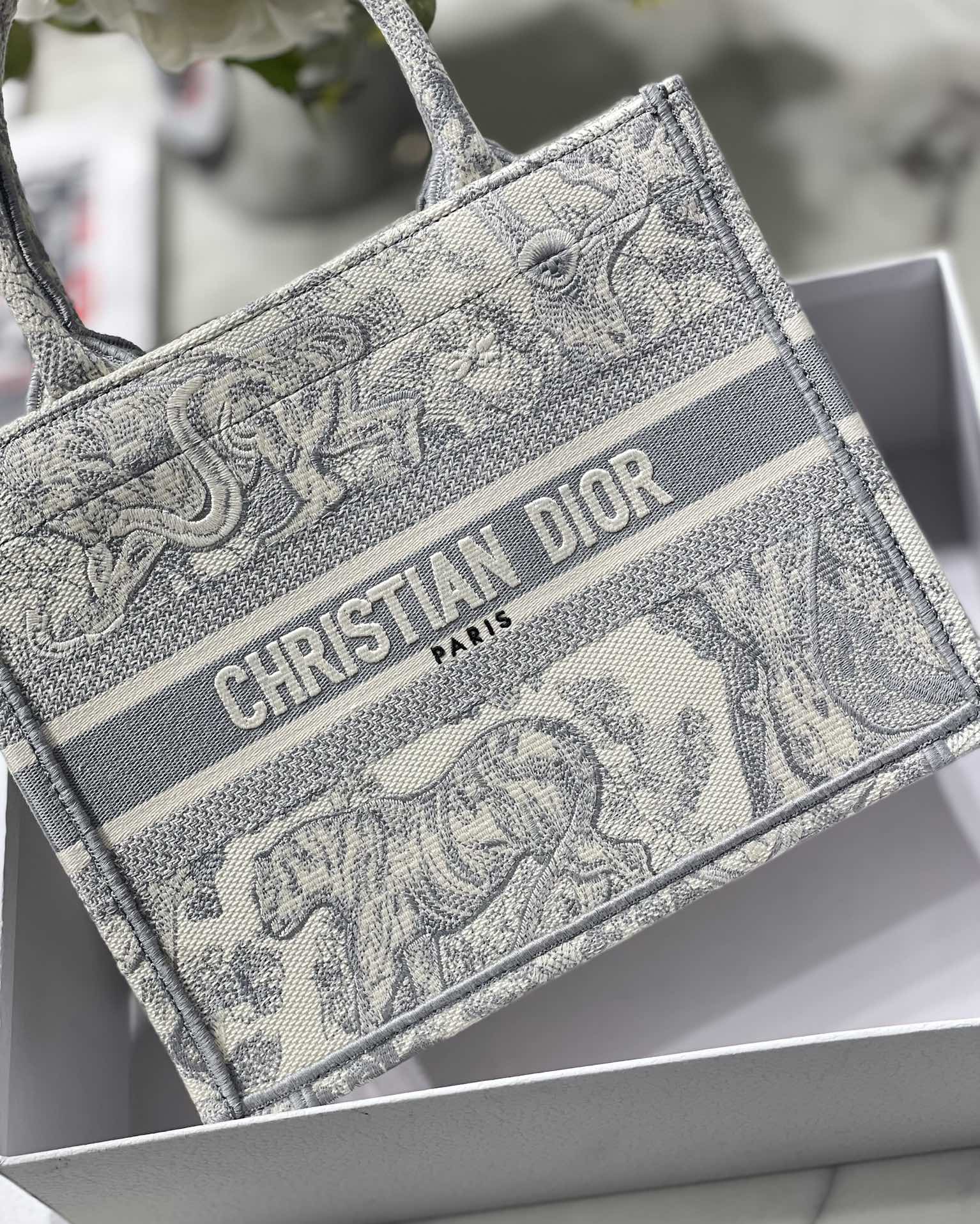 DIOR TOTE Grey tiger embroidery