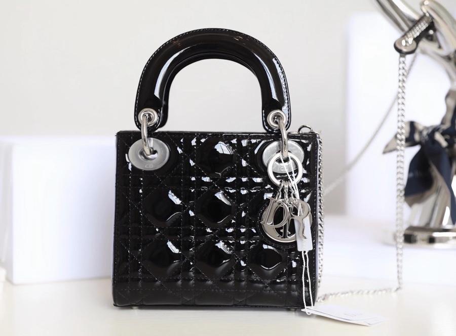 Black and Silver  Lady Dior vine check patent leather cow leather mini handbag