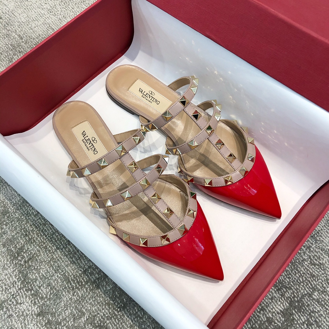 Valentino VT Collection Three Strap Flat Heel Slipper Patent Leather Red