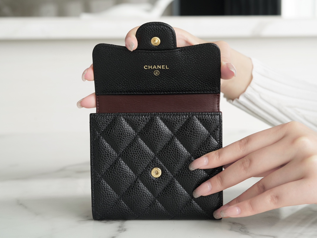 𝗖𝗛𝗔𝗘𝗡𝗟✦ 𝗖𝗹𝗮𝘀𝗶𝗰 𝗙𝗹𝗮𝗽 France 🇫🇷 Imported [HASS] Original Calfskin 🐂 Classic Trifold Wallet Black Gold