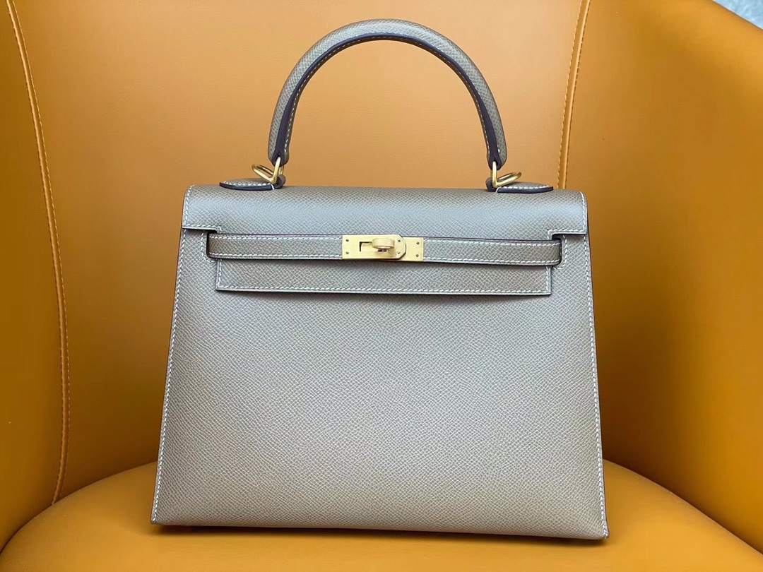 Kelly25 Elephant gray epsom leather with amber yellow inside and frosted gold buckle