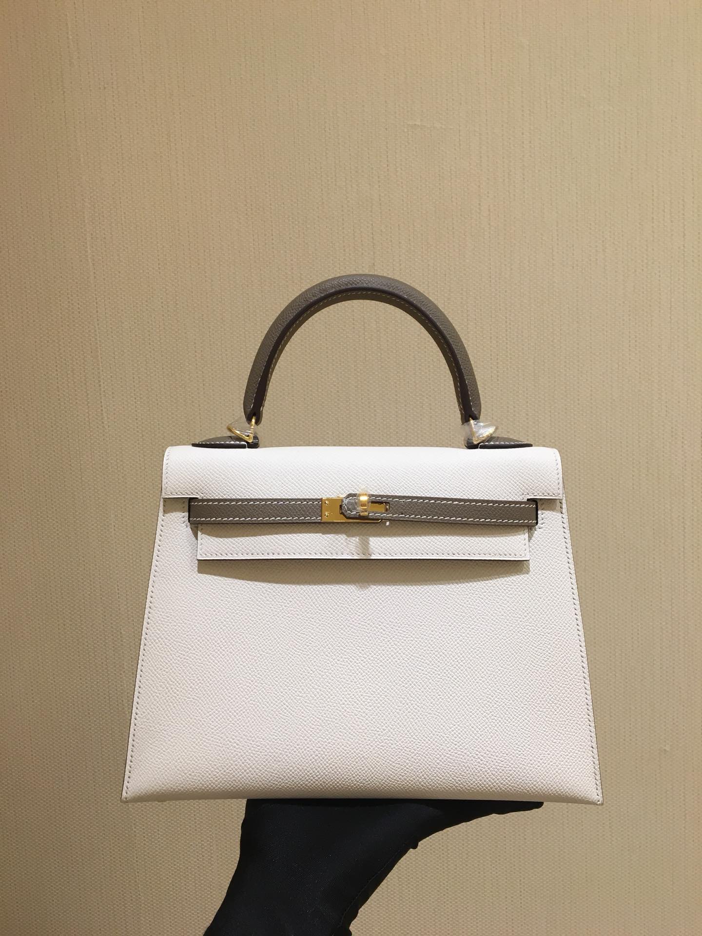 Kelly25cm epsom leather gold buckle milkshake white fight elephant gray