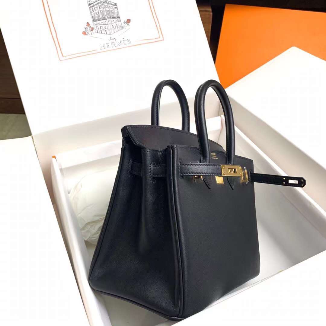 Birkin 25cm black gold buckle silver buckle Original swift calfskin top craftsmanship beeswax thread handmade