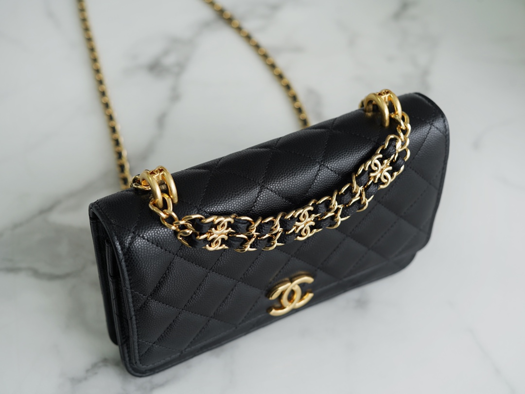 𝗖𝗛𝗔𝗡𝗘𝗟✦ Italian lychee grain calfskin 𝟮𝟐𝑲 New Chain 𝐰𝐨𝐜 Black Gold