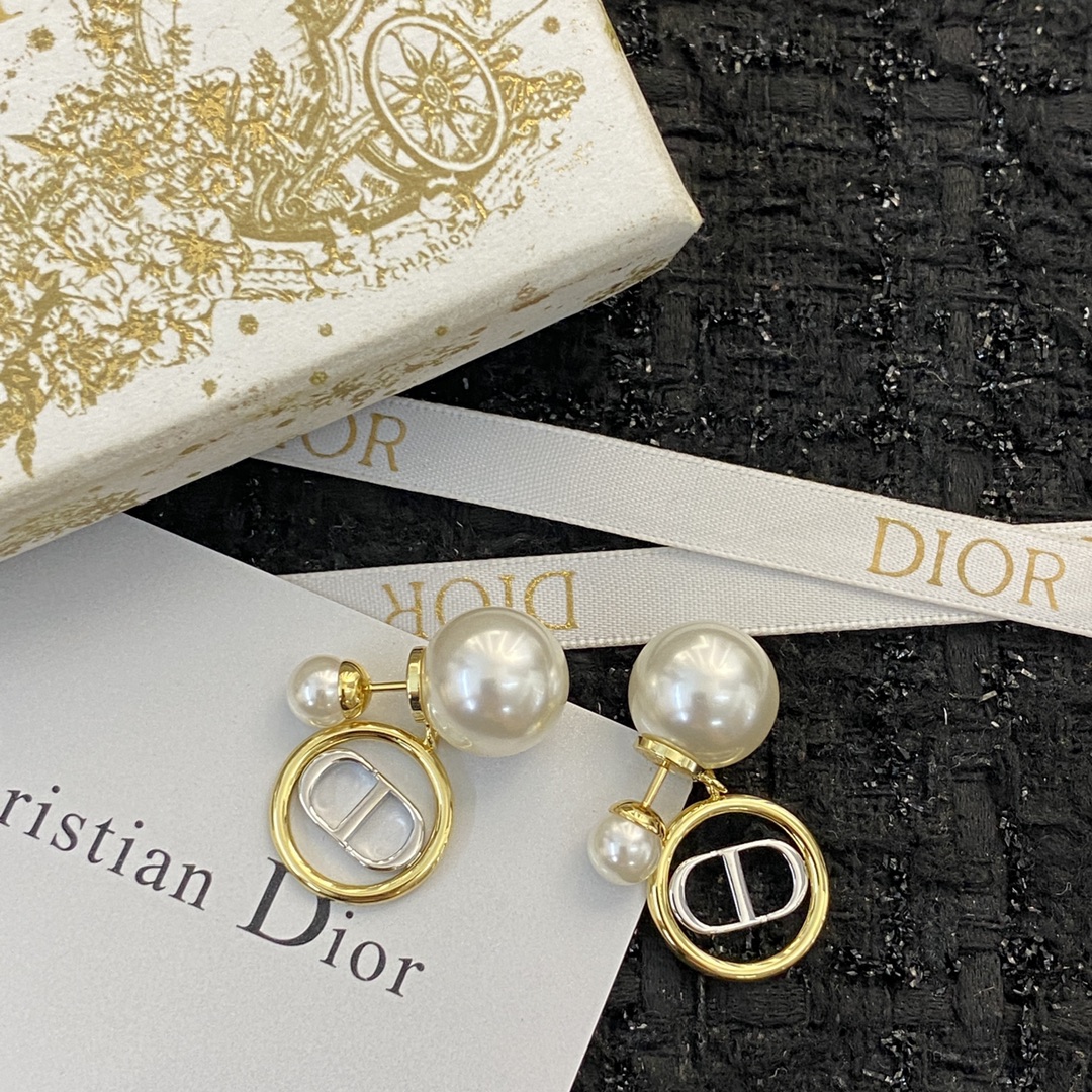 Dior Double Bead Round White Gold CD Pendant Stud Earrings