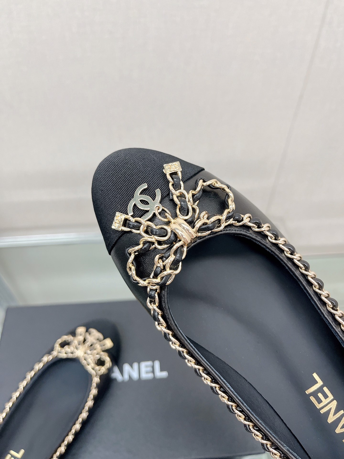 CHANEL 23Ss chain bow flat single shoes imported lambskin sheepskin lining
