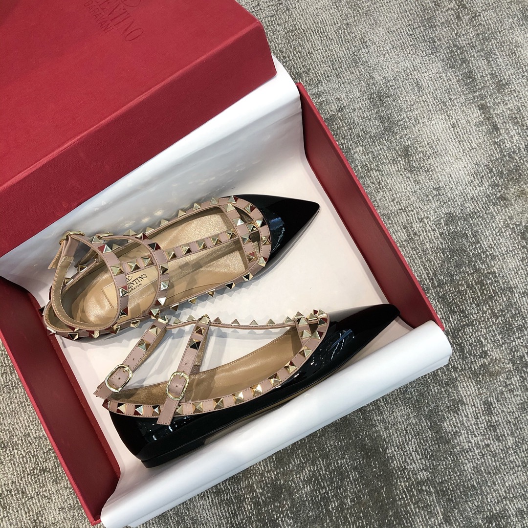 Valentino VT Collection Two Strap Flats Patent Leather Black