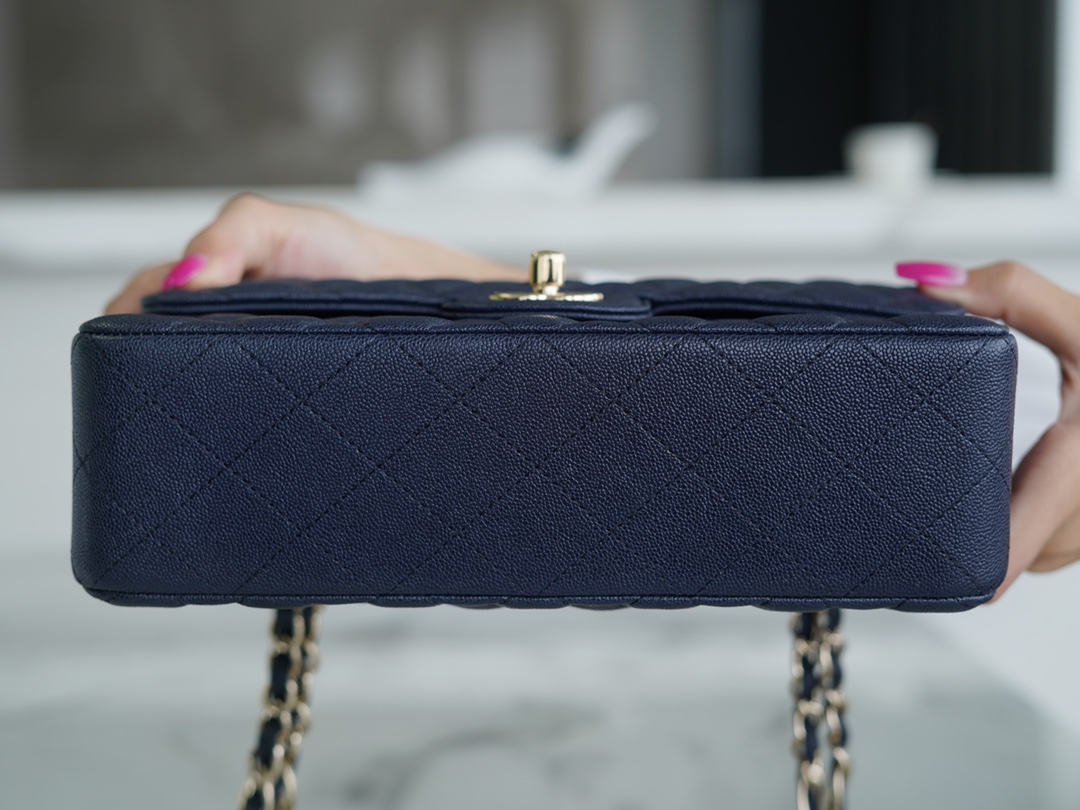 𝐂𝐇𝐀𝐍𝐄𝐋 Classic Flap washed cowhide is made from the most delicate newborn calves washed fetal cow small dark blue