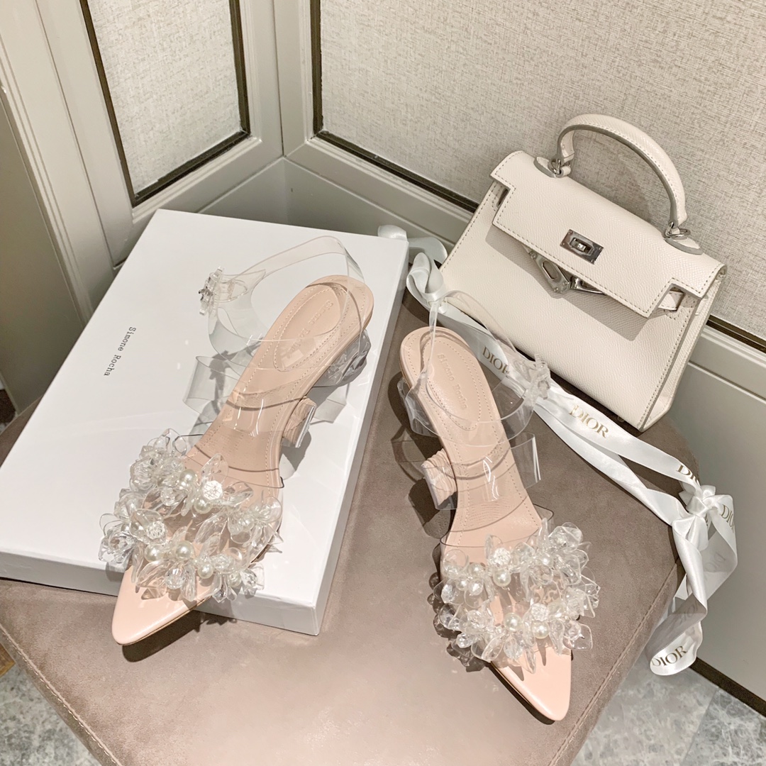 Simone rocha 2020 pearl crystal petals crystal heel sandals leather outsole