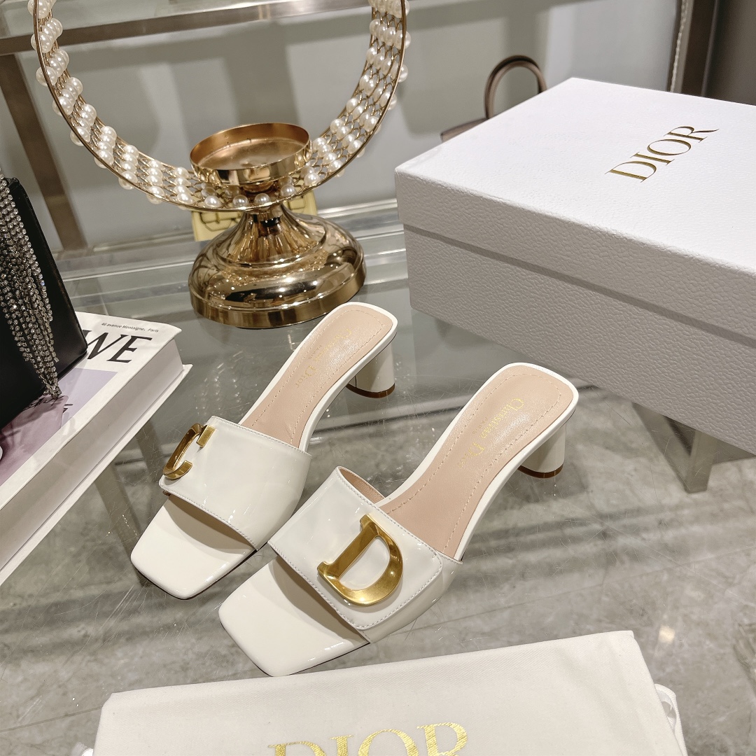 DIOR 2023 new early spring sandals Imported cow patent leather ➕ Korean velvet Sheepskin lining 4.5cm White