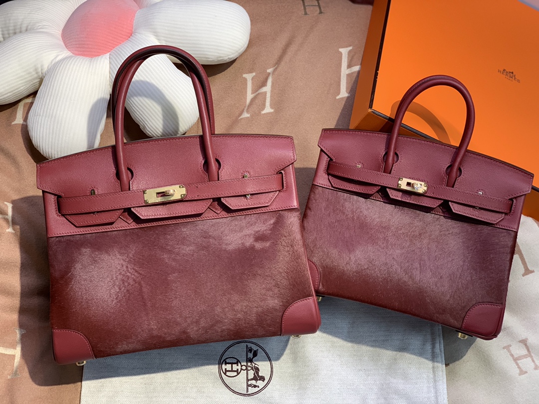 birkin30/25 burgundy imported fetal cow hair spelling swift all handmade gold buckle