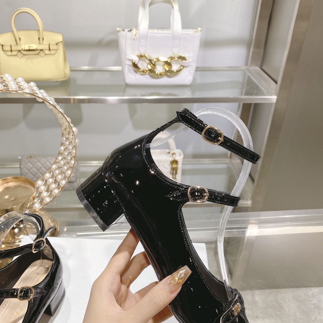 DIOR Retro Fashion Cutout Double Buckle Chunky Heel Mary Jane Shoes 3.5cm Black